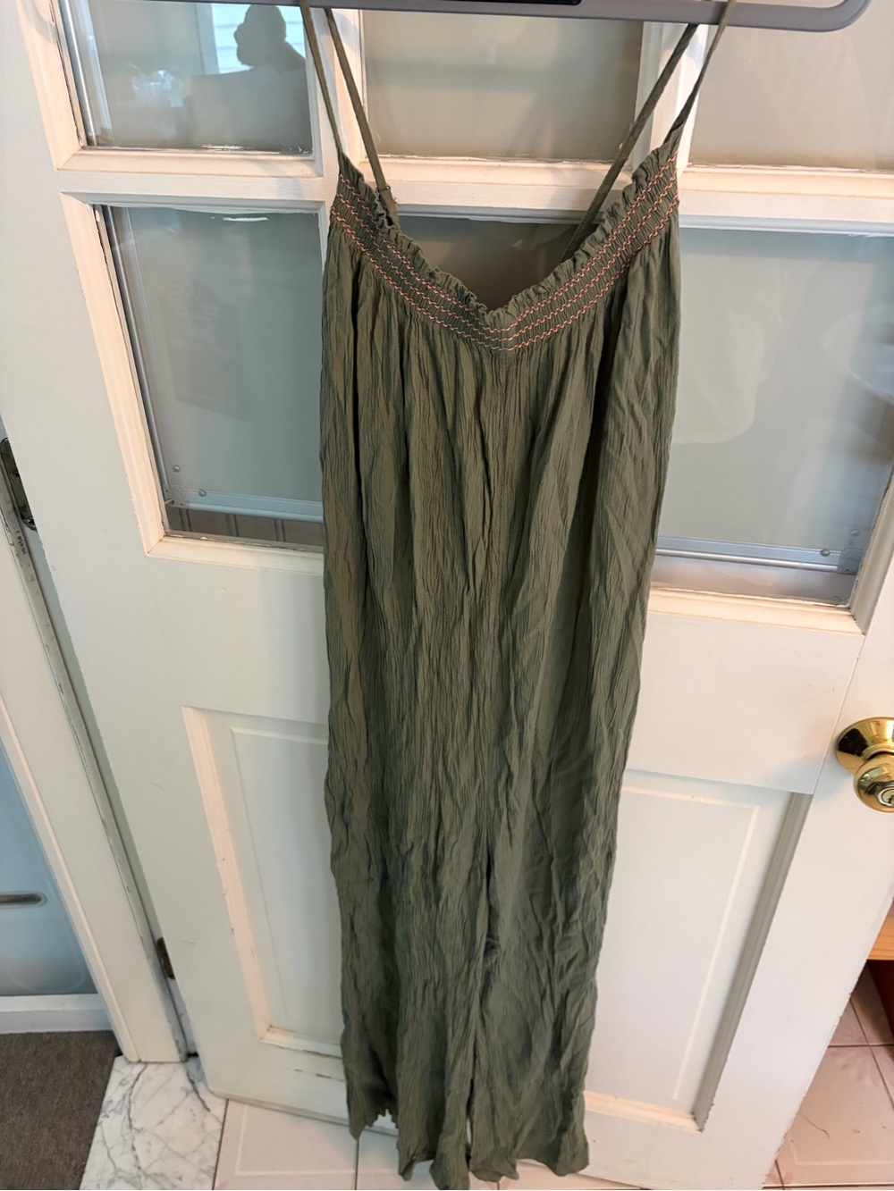 Treasure & Bond Olive Green Crinkled Maxi Dress with Embroidered Trim